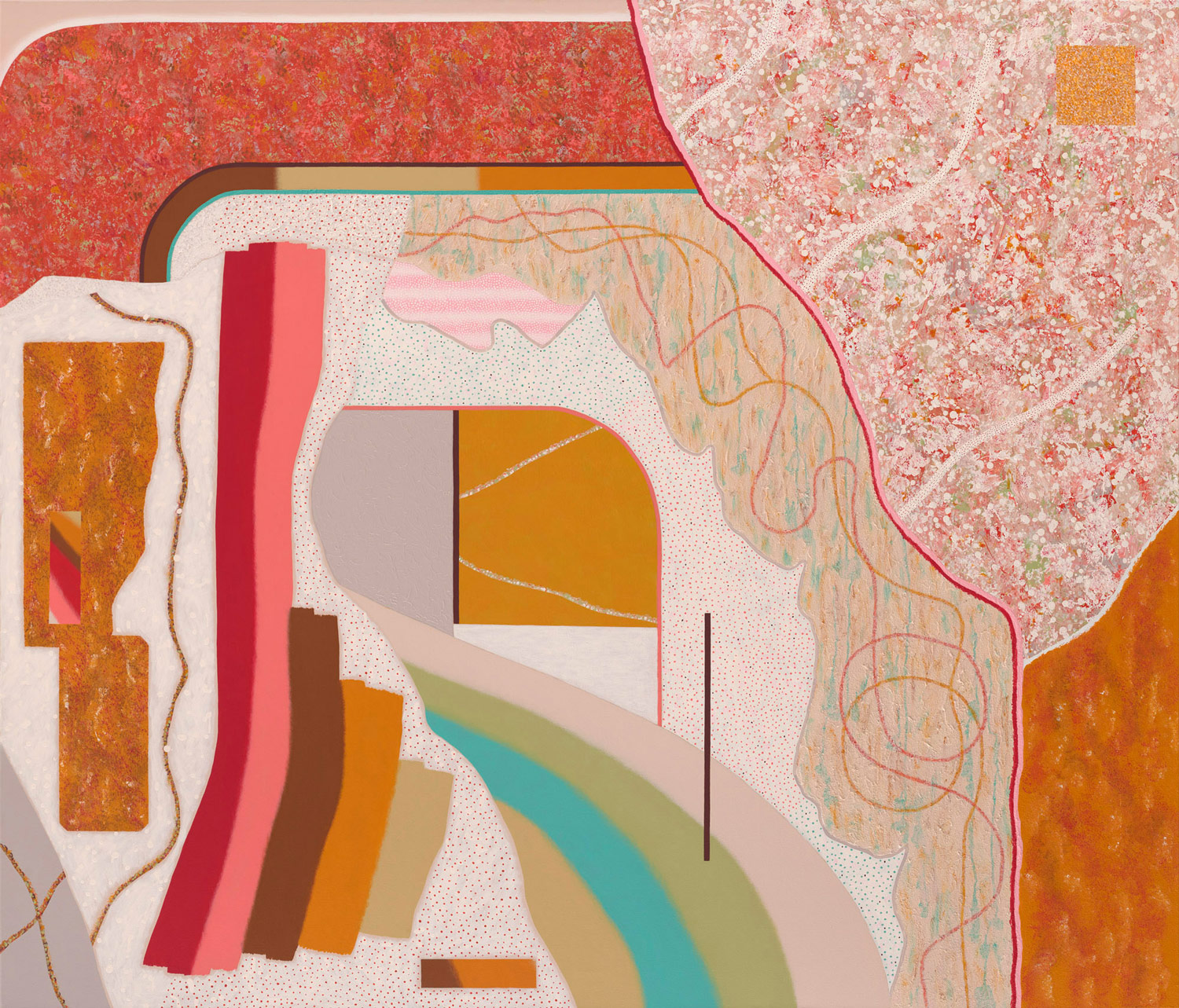 Field of Dots / Orange Yellow White . 2025 . 180 x 210 cm . Acrylic and sand on canvas