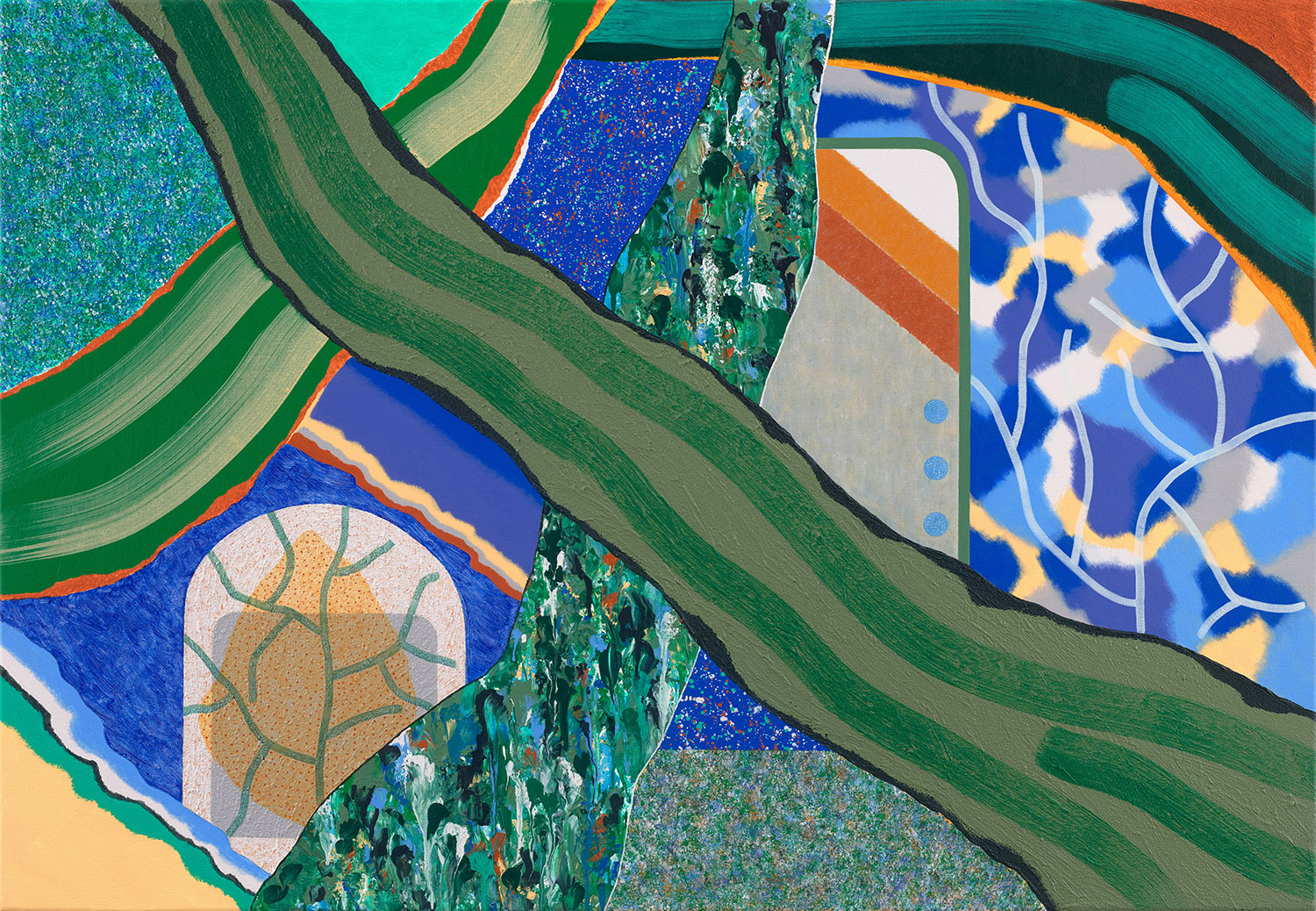 Crossings / BlueApricot . 2026 . 90 x 130 cm . Acrylic, Sand and Modelling Paste on Canvas