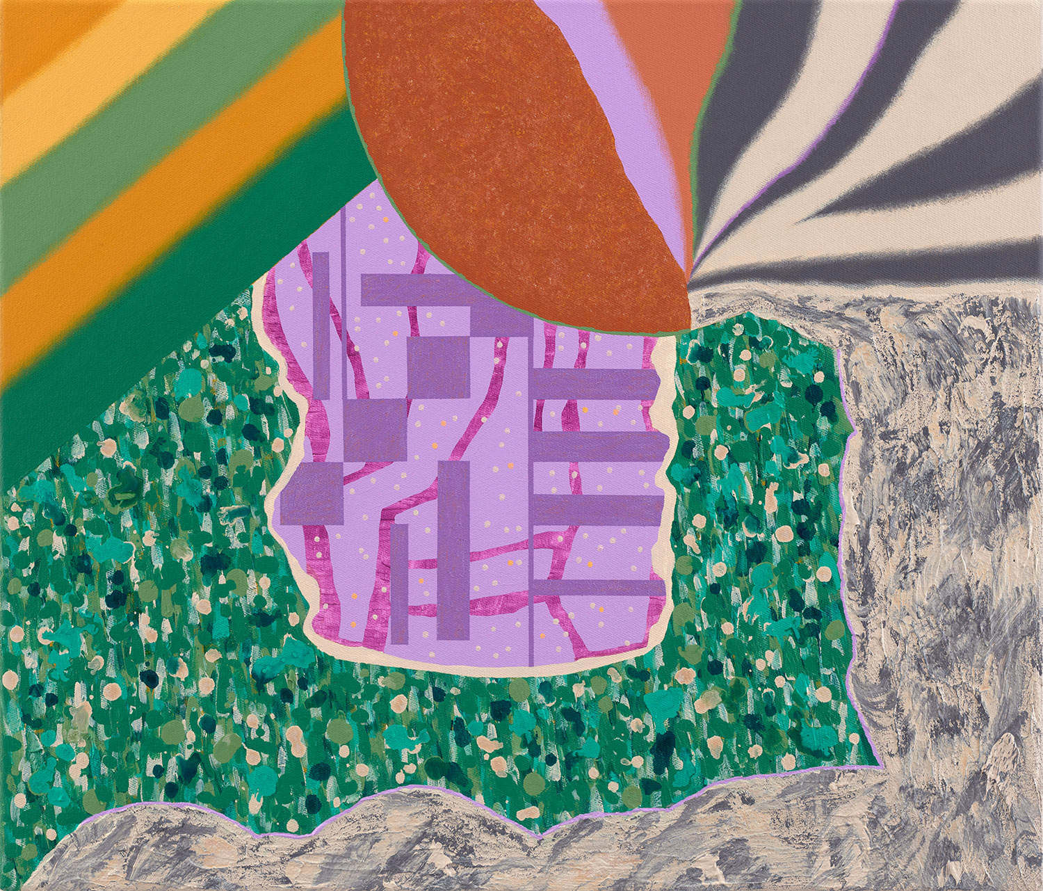 Seeds and Circles / PurpleGreen . 2026 . 60 x 70 cm . Acrylic, Sand and Modelling Paste on Canvas