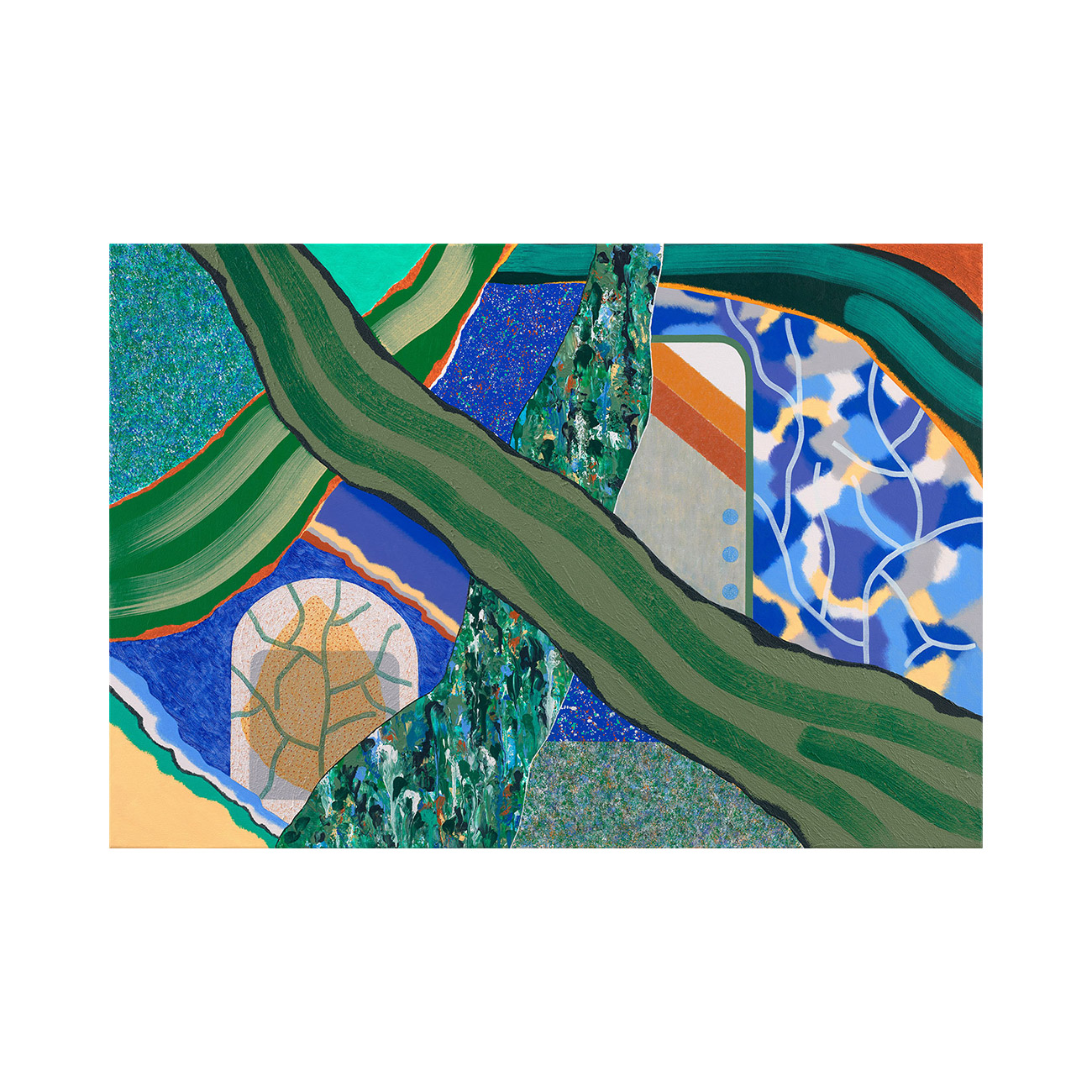 Crossings / BlueApricot . 2026 . 90 x 130 cm . Acrylic, Sand and Modelling Paste on Canvas