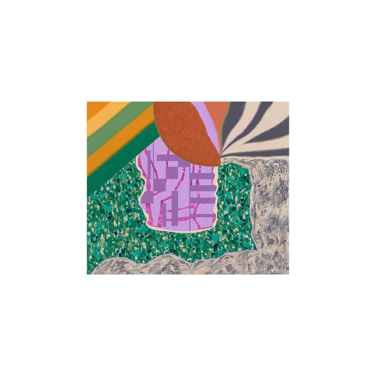 Seeds and Circles / PurpleGreen . 2026 . 60 x 70 cm . Acrylic, Sand and Modelling Paste on Canvas